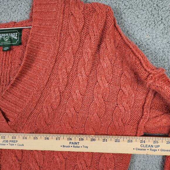 Womens American Eagle Orange V-neck Chunky Knit Hooded Sweater Sz Medium - Picture 5 of 7